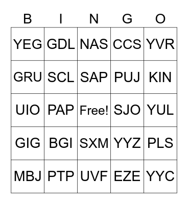 CENTRAL/SOUTH AMERICA AND CANADA Bingo Card