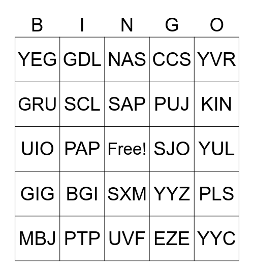 CENTRAL/SOUTH AMERICA AND CANADA Bingo Card