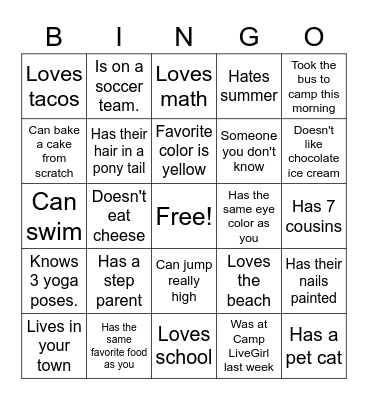 Camp LG Week 2 Bingo Card