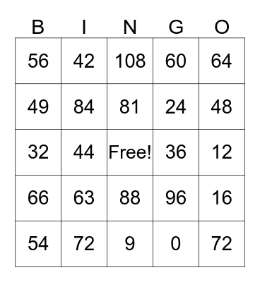 Multiplication Bingo Card