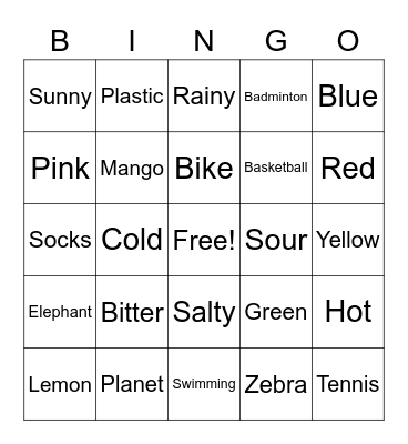 English Bingo Card