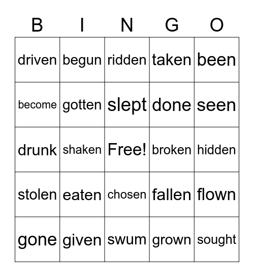 Past Participles Bingo Card