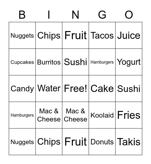 Teen Foods Bingo Card