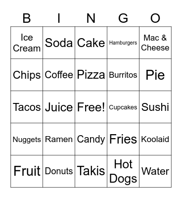 Yummy Foods Bingo Card