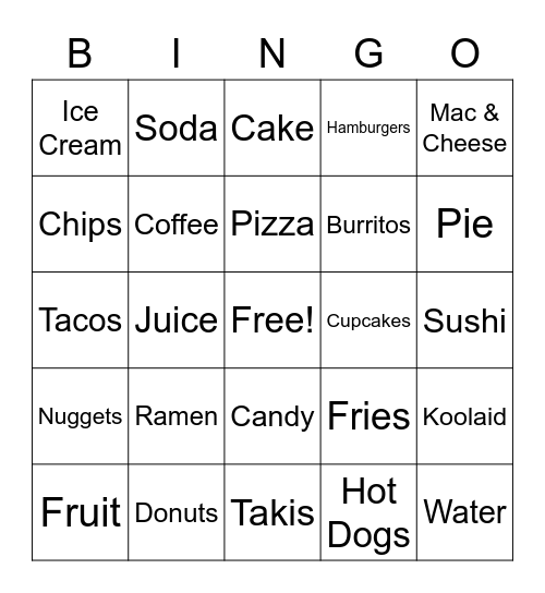 Yummy Foods Bingo Card