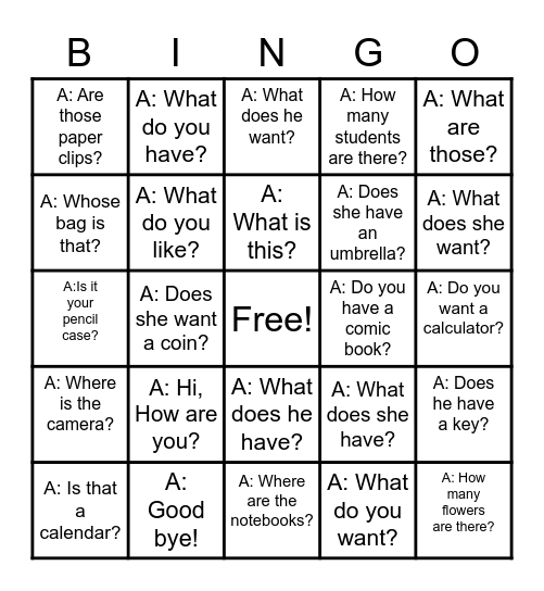 A: Response Bingo Card