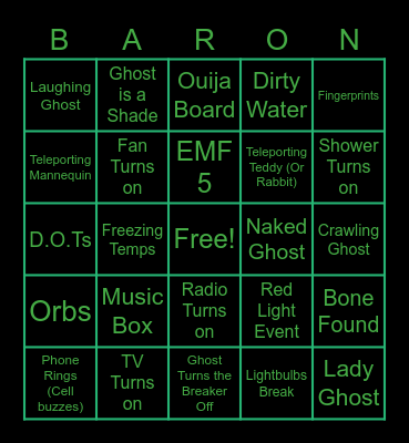 Phasmophobia Bingo Card