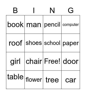 Useful Nouns Bingo Card