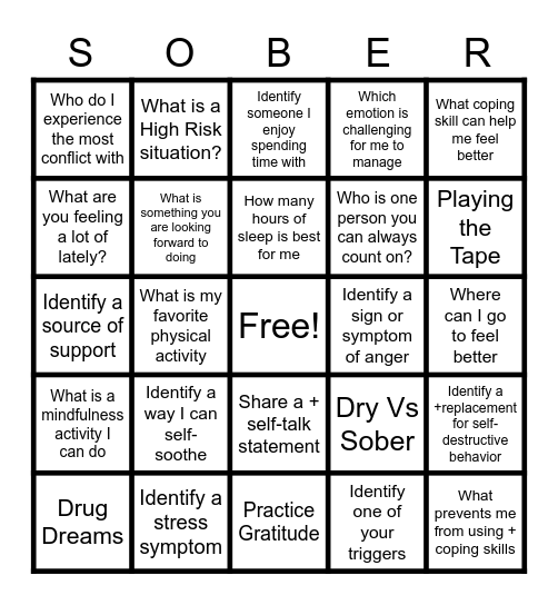 RELAPSE PREVENTION BINGO Card