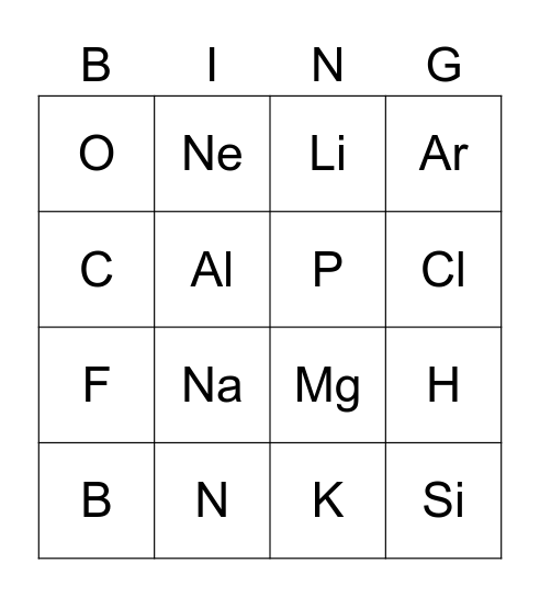 Periodic Table Bingo Card