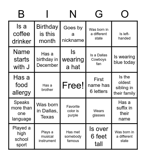 Get To Know You BINGO! Bingo Card