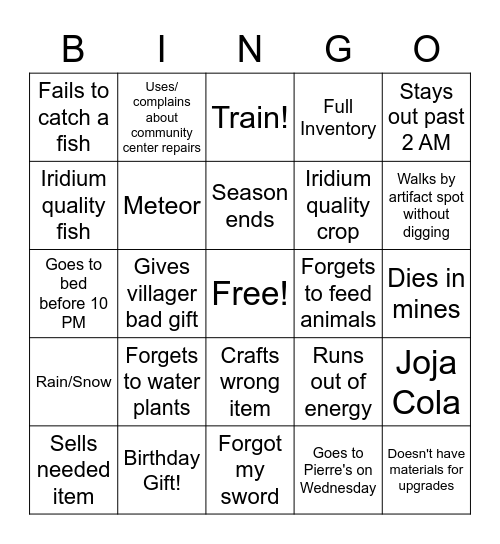 Stardew Valley Bingo Card