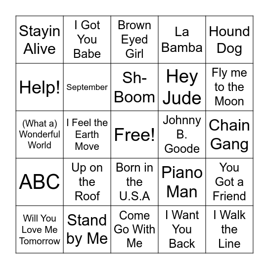 Music Bingo! (50s-80s) Bingo Card