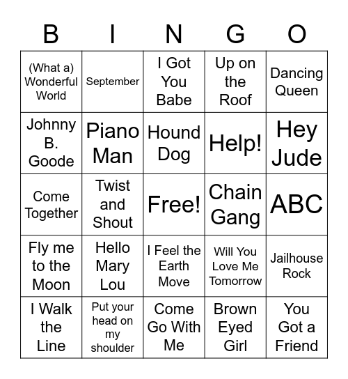 Music Bingo (50s-80s) Bingo Card