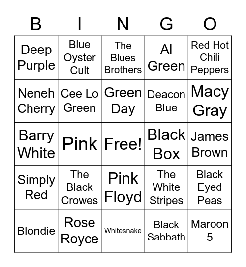 Bands with Colour in their name Bingo Card