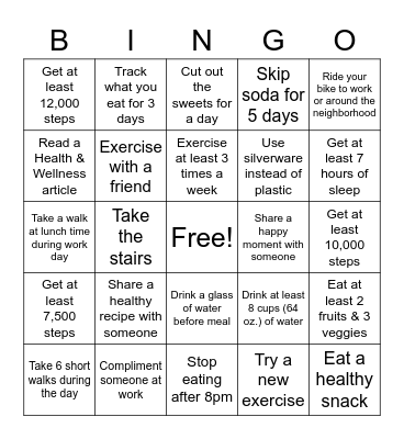 Healthy Lifestyle Challenge Bingo Card