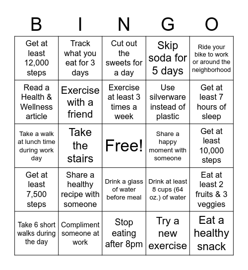 Healthy Lifestyle Challenge Bingo Card