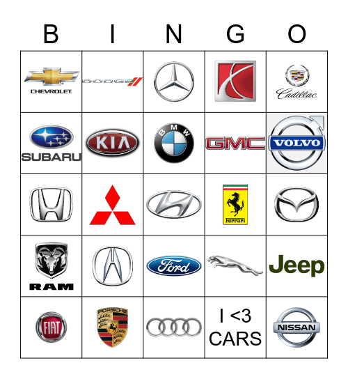 Cars Bingo Card