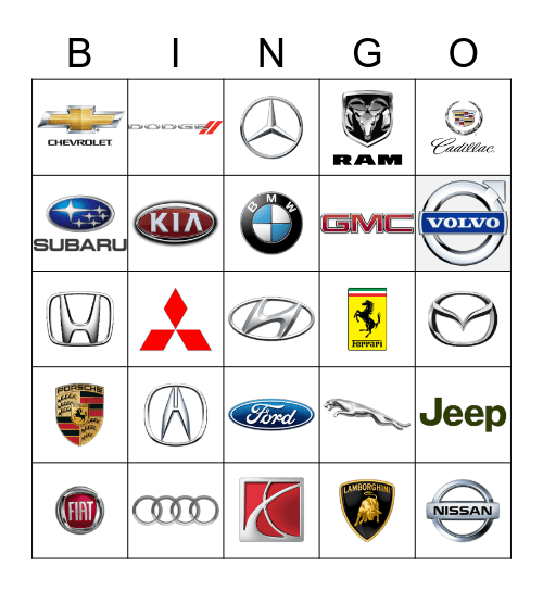 Cars Bingo Card