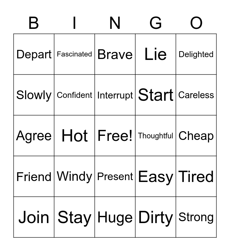 Antonyms Bingo Card