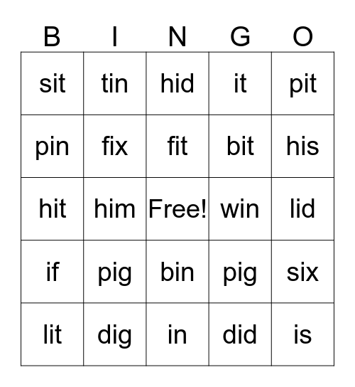 SHORT I Bingo Card