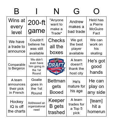 NHL 2022 Draft Bingo Card