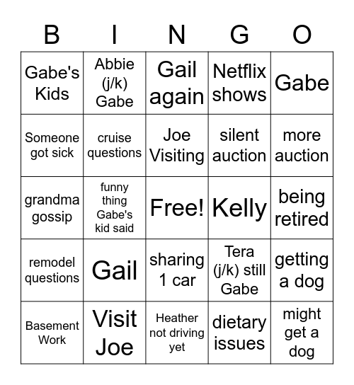 Matt's Parents Bingo Card