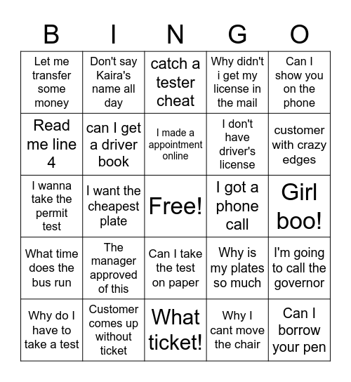 BMV bingo Card