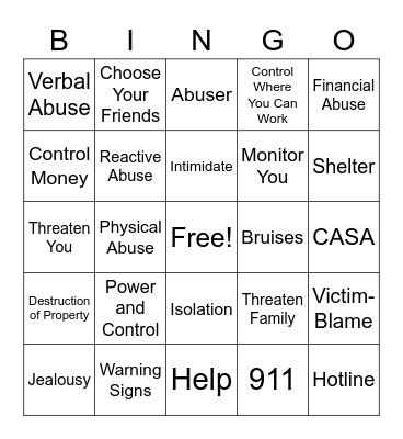 Domestic Violence: Recognizing Signs and How to Help Bingo Card