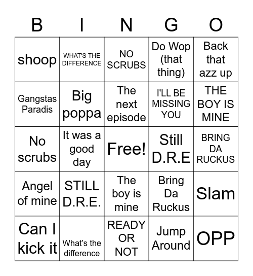 90'S HIP HOP Bingo Card