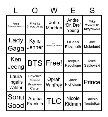 Lowe’s Celebrity Bingo Card