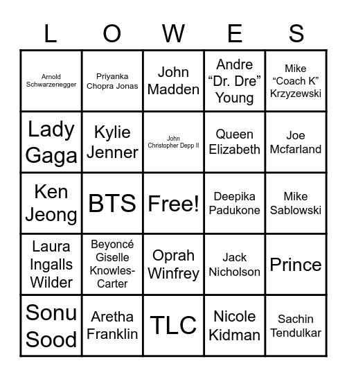 Lowe’s Celebrity Bingo Card