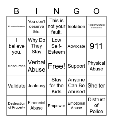 Domestic Violence: Recognizing the Signs and How to Help Bingo Card