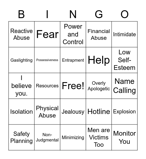 Domestic Violence: Recognizing the Signs and How to Help Bingo Card