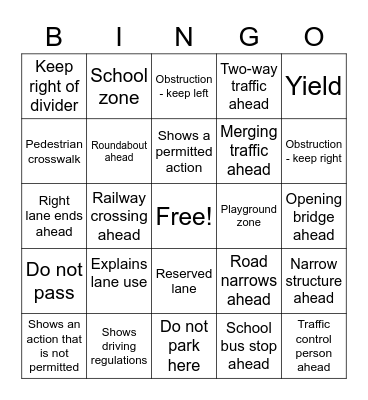 Road SIGNS Bingo Card