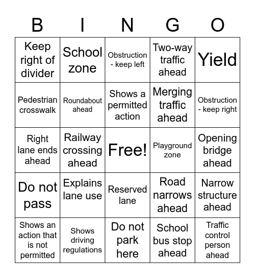 Road SIGNS Bingo Card
