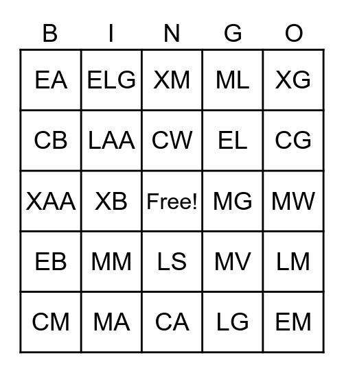 Transaction Code Bingo Card