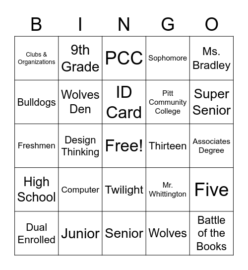 PCS Early College High School Bingo Card