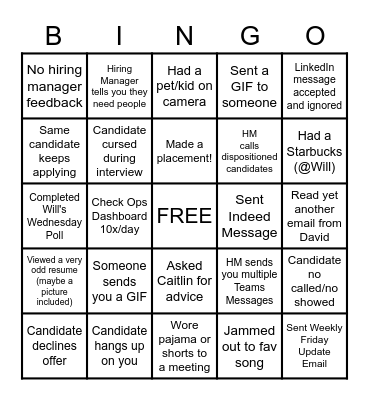 Recruiting Work Week Bingo Card