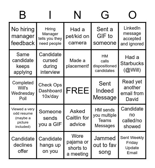 Recruiting Work Week Bingo Card