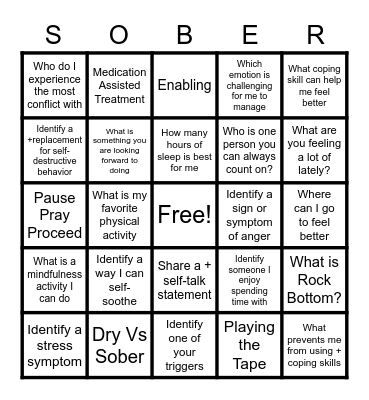 RELAPSE PREVENTION BINGO Card