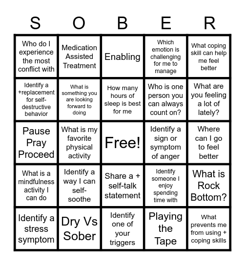 RELAPSE PREVENTION BINGO Card