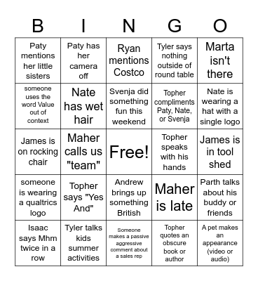 Monday Meeting Bingo Card