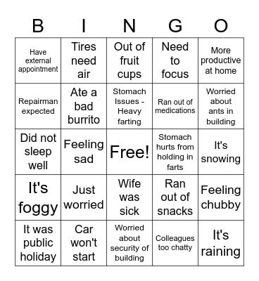 Work Excuse Bingo Card