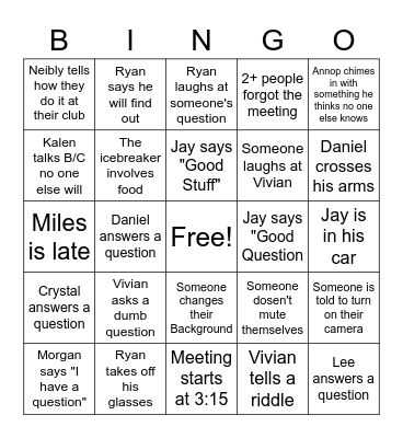 Manager Meeting Bingo Card