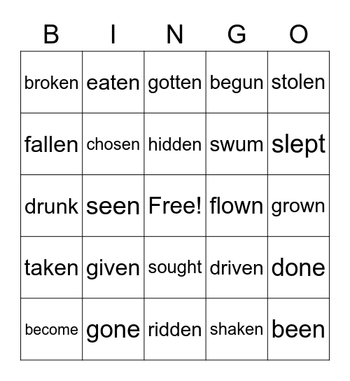 Past Participles Bingo Card