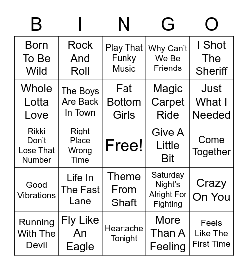 70's Hits Bingo Card