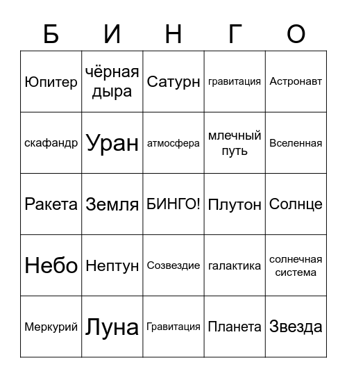 Космическое БИНГО Bingo Card