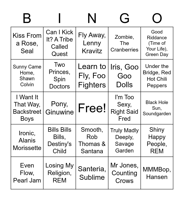 VOBingo - 90s Bingo Card