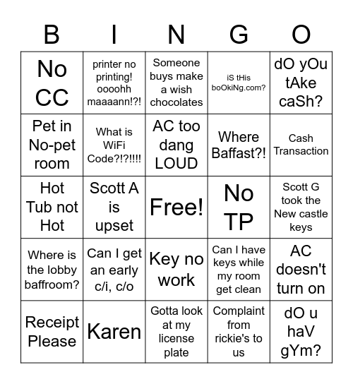 Front Desk Bingo Card